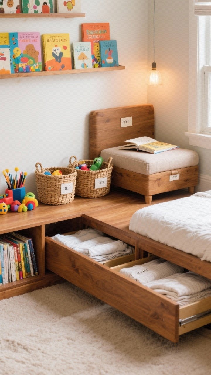 Medium, corner-angle shot of cute, sneaky storage: caramel wood bed with pull-out under-bed drawers slightly open showing folded linens; woven baskets on a low shelf filled with toys and art supplies; slim face-out book ledges displaying colorful covers like a mini gallery; a small upholstered storage ottoman by a window creating a reading perch; charming labeled tags on baskets; warm ambient lighting; no people.