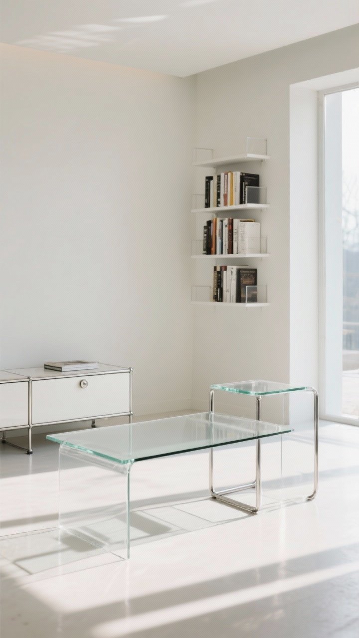 Medium corner shot highlighting transparent and open pieces: an acrylic or glass coffee table that visually disappears, an open-base side table with a slim metal frame and a single drawer, and wall-mounted shelves instead of a heavy bookcase; light palette and minimal objects so the eye travels through; bright, reflective daylight for an airy effect.