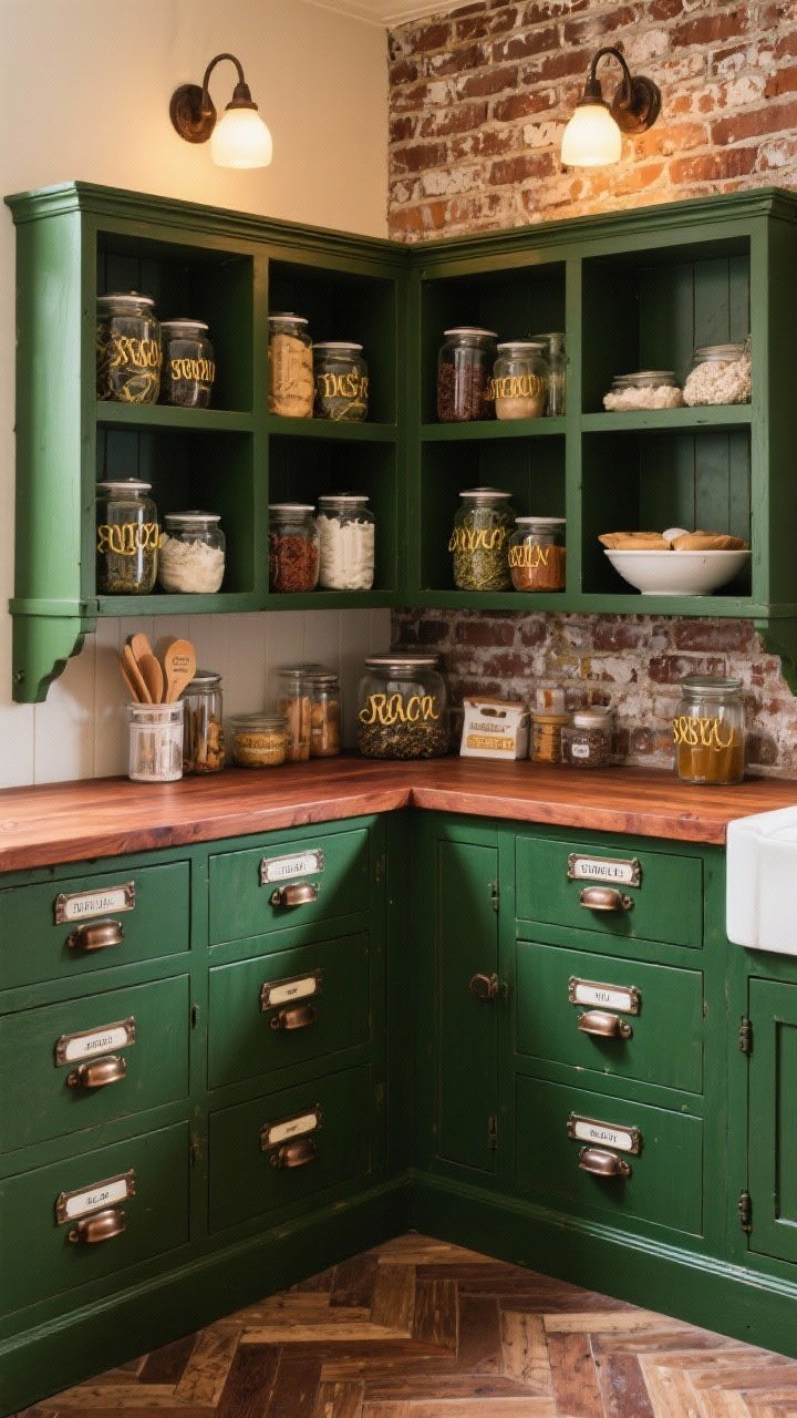 Medium corner shot of a vintage apothecary-themed pantry: forest green cabinetry with drawers featuring metal label frames and oil-rubbed bronze cup pulls; warm cherry wood countertop; back wall of open cubbies filled with jars of spices, teas, and baking supplies labeled in gold script; weathered brick herringbone floor; vintage schoolhouse flush mounts casting a warm glow; tactile, collected charm.