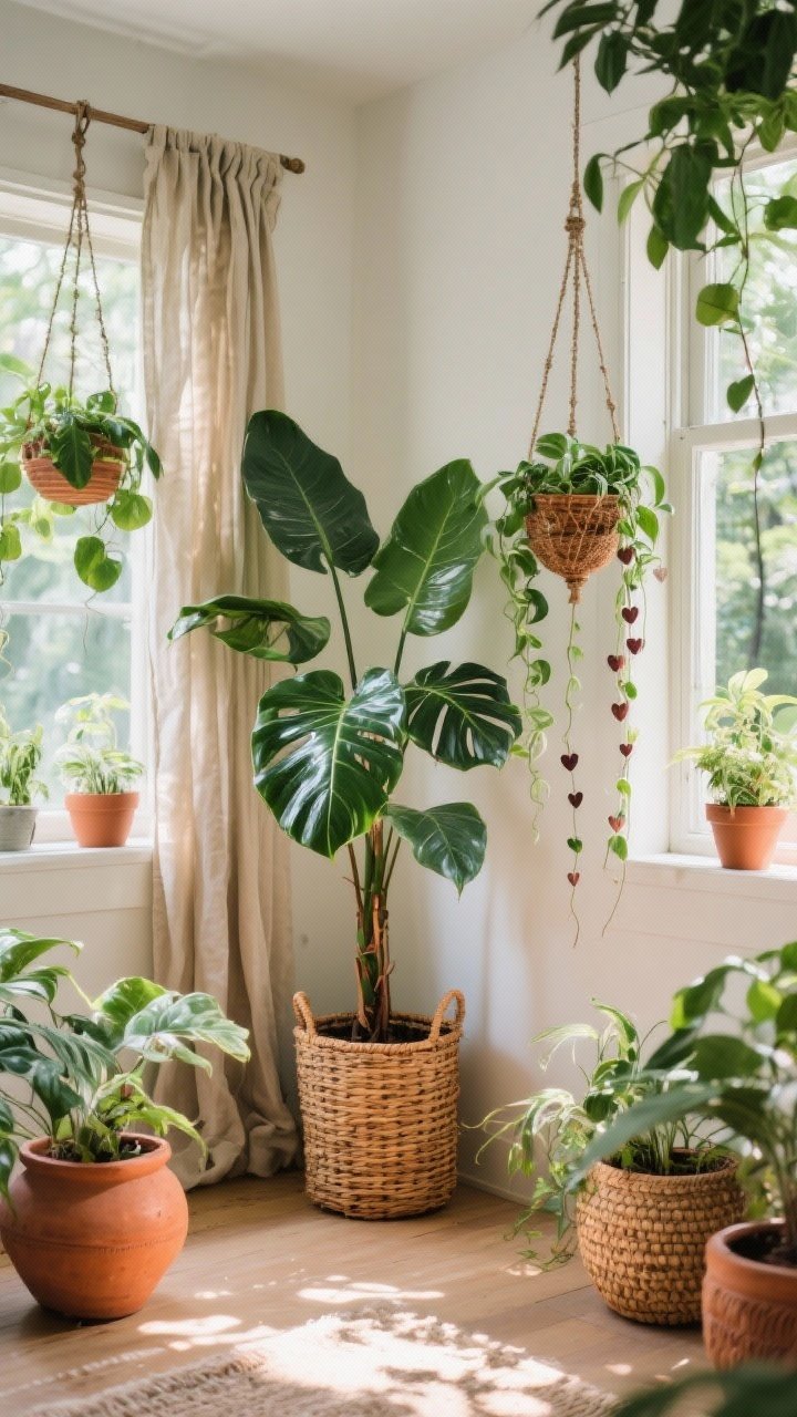 Medium corner shot of an indoor jungle vignette: a tall monstera in a rattan basket planter filling an awkward corner, a rubber plant in terracotta on the floor, and hanging planters with trailing pothos and string of hearts near the window; planters mix terracotta, ceramic, and woven textures; dappled daylight filtering through linen curtains for a lively, fresh mood