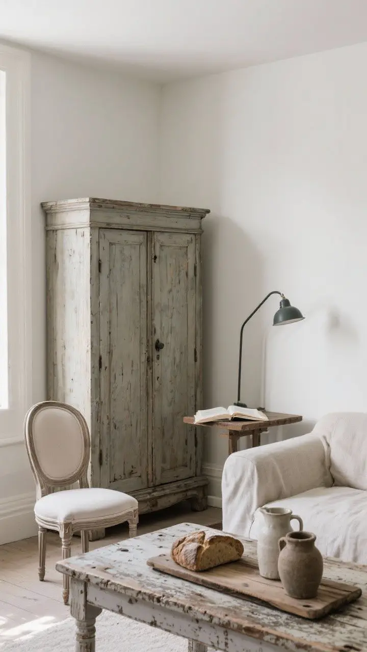 Medium corner vignette balancing vintage and modern: an antique armoire beside a new linen-upholstered sofa, a mid-century reading light arcing over a Louis-style chair, a scratched farm table styled with old bread boards and ceramic jugs; mixed materials, comfortable yet collected; diffused daylight for a practical, unfussy feeling.