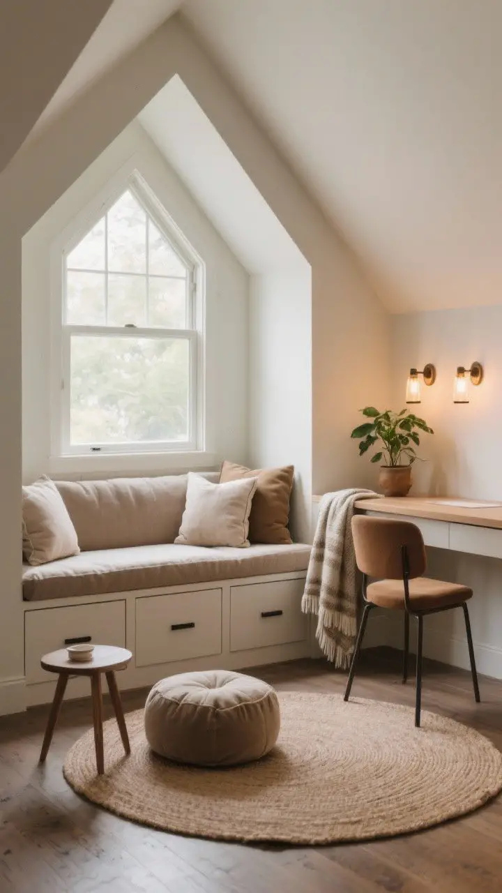 Medium cozy nook shot inside a dormer: A micro-sanctuary with a built-in window seat layered with deep cushions, storage drawers beneath with simple pulls; a round rug on the floor with a floor cushion and petite side table nearby; a floating desk on one side with twin sconces and a slim chair; a plant, a throw blanket, and warm ambient light completing the inviting corner, photorealistic.