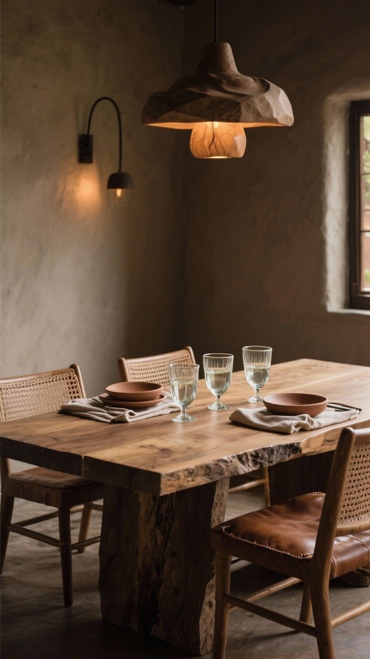 Medium dining scene with soul: a parota slab dining table paired with woven or leather chairs, stone/clay dinnerware and linen napkins set for two, a trio of handblown glass tumblers ready for water, wine, or mezcal, and warm, dim sculptural pendant lighting above; intimate, inviting ambiance.
