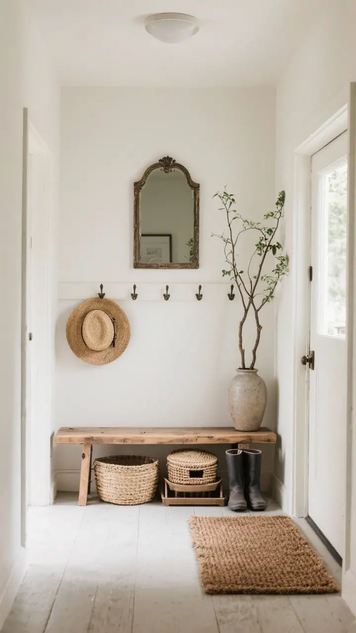 Medium entryway shot, straight-on: A welcoming hall with a rustic wood bench, simple wall hooks holding straw hats, woven lidded baskets under the bench, a sturdy coir doormat, and a boot tray; a single antique mirror above the bench and a tall branch in a stoneware vase for sculptural greenery; organized and uncluttered; soft natural light.