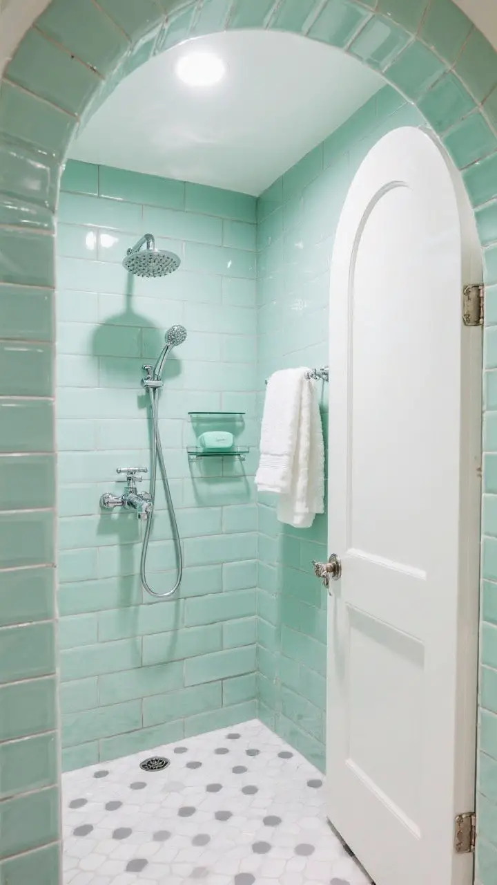 Medium hotel-chic shower view: mint green beveled subway tiles in running bond from floor to ceiling with soft gray grout, polished chrome fixtures including rounded rain head and cross-handle valves, chrome-framed swing door with vintage handle, white hex mosaic floor with gray dots; arched niche trimmed in mint pencil tile; small chrome glass shelf with mint soap; fluffy white towels on chrome hooks; bright, clear lighting to highlight tile bevels.