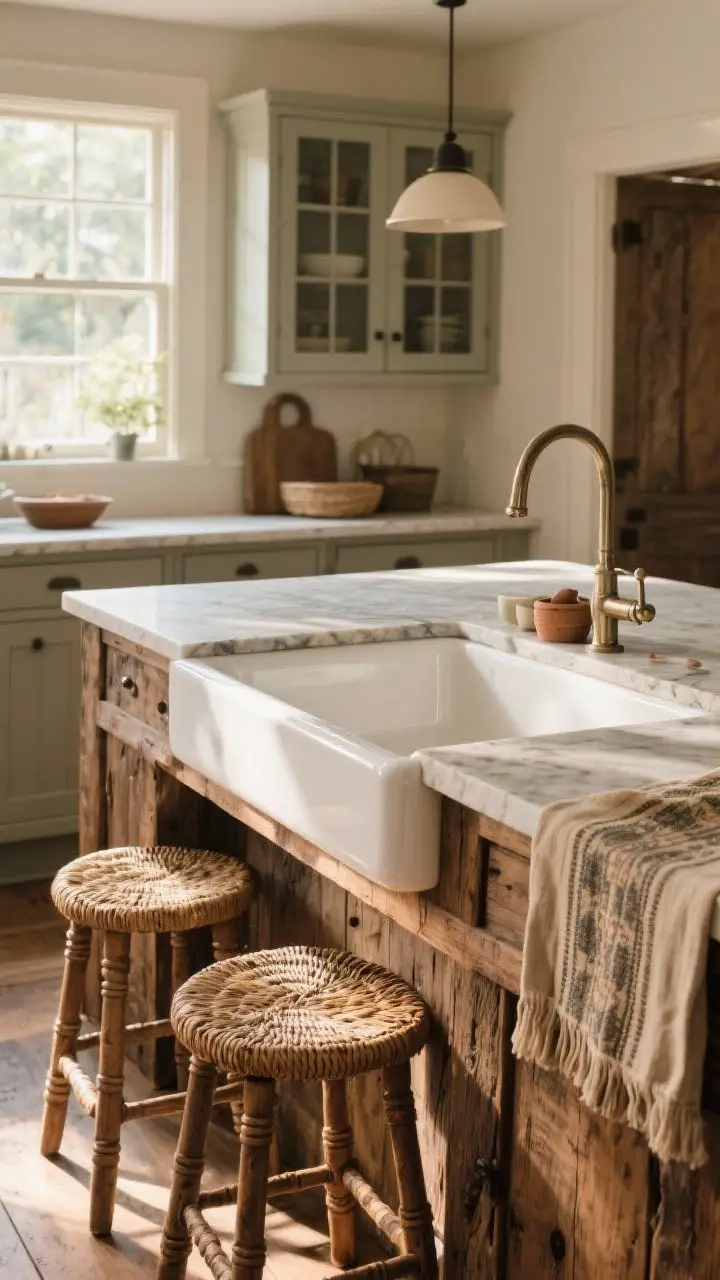Medium island-and-sink vignette: a deep fireclay apron-front sink with classic lines, paired with an heirloom-style wood island base in reclaimed timber and a honed stone top; woven rush-seat stools tucked in; a vintage runner draped along the island edge; practical, cozy layers, warm afternoon glow.