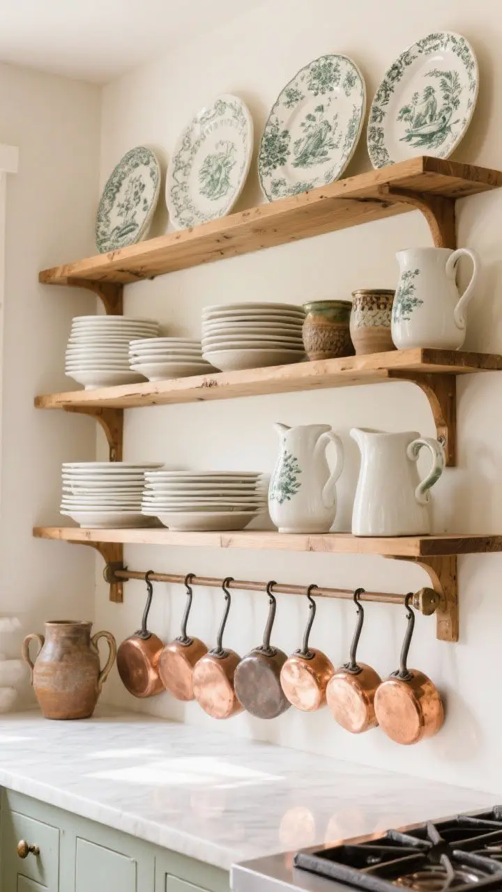 Medium kitchen shelf display: open wooden shelves holding stacked white ironstone plates, pitchers, and handmade pottery; a rail below with a neat row of polished copper pots catching a warm glow; a wall section styled with vintage transferware plates as art; bright but soft daylight to celebrate useful beauty.
