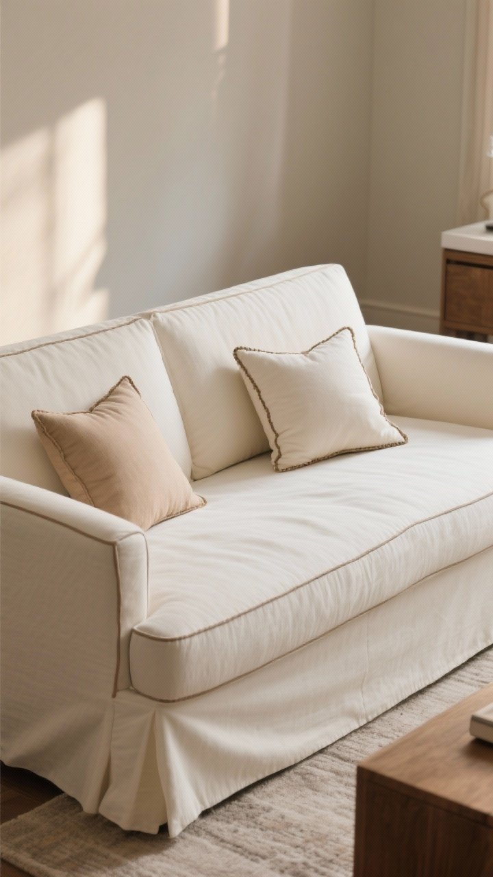 Medium living room scene focusing on cozy slipcovered seating: an ivory performance-fabric slipcovered sofa with a single bench seat cushion, contrast piping in mushroom, and mini flange edging on pillows; casual, clean lines with a low-key elegant feel; warm, indirect daylight; photorealistic, three-quarter angle.
