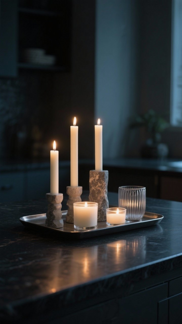 Medium, moody evening shot of a candle cluster on a heat-safe tray: staggered heights of dripless beeswax tapers, a couple of pillars, and low votives. Palette tightly coordinated in creamy whites and smoky glass, with one unexpected texture like a ribbed glass or stone candleholder. Dim ambient lighting with gentle candle glow reflecting on a dark countertop for dramatic warmth.