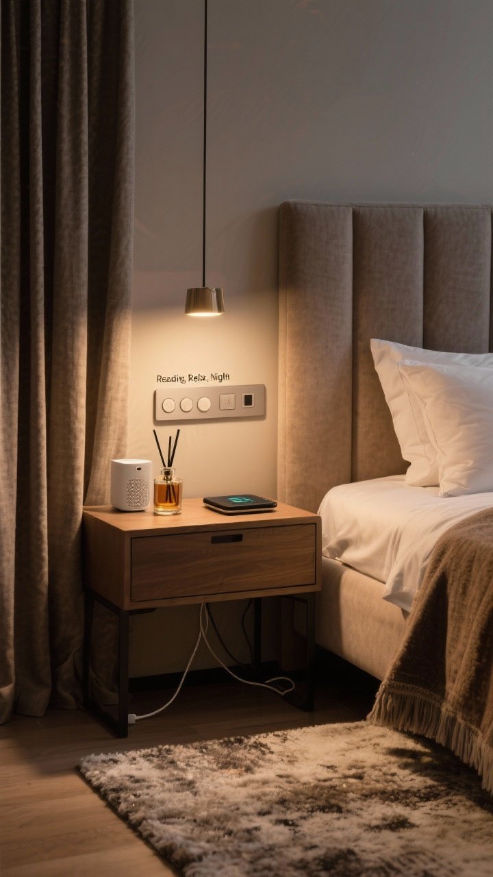 Medium nightstand and bed corner: Quiet tech and comforts—smart dimmer keypad on the wall labeled Reading, Relax, Night; built-in wireless charger in the nightstand, heavy drapes and upholstered headboard for sound damping, thick rug underfoot; a discreet air purifier tucked beside a dresser; a small fragrance diffuser emitting a cedar-bergamot-amber glow; warm, low lighting with hidden cords.