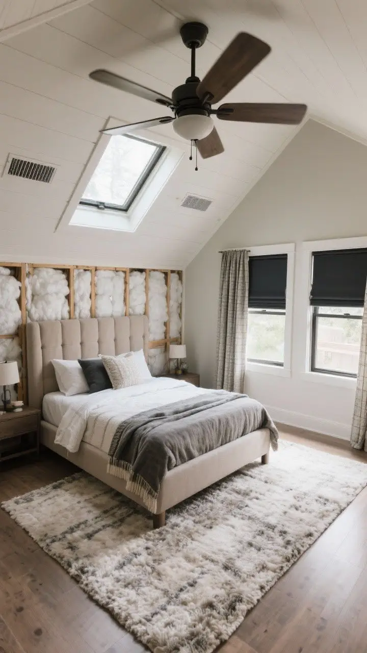 Medium overhead-angled shot focused on comfort features: Attic bedroom with visible signs of upgraded insulation at knee walls (finished and seamless), a quiet ceiling fan centered under the ridge, a roof window slightly vented, trickle vents at a side window; windows dressed with blackout shades and thermal-lined curtains; plush rug underfoot, upholstered headboard, and layered textiles for sound absorption; balanced, livable atmosphere, photorealistic.