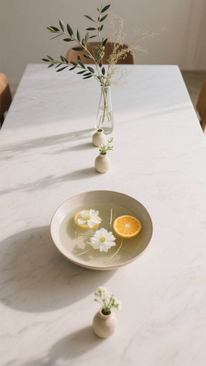 Medium overhead shot of a centerpiece that doesn’t block faces: a slender ceramic bowl with floating white blooms and thin lemon and orange citrus slices, flanked by a trio of tiny bud vases staggered along the center of the table; alternate version at the far end shows a tall, airy olive branch arrangement in a narrow-neck glass vase with wispy foliage; odd numbers of elements, clean tabletop with conversational sightlines, soft ambient daylight.