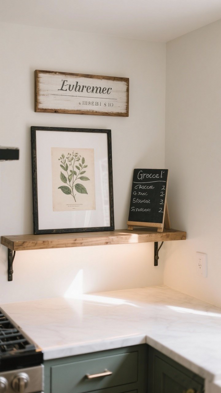 Medium shelf vignette: Personalized art and signage in a kitchen context—vintage-inspired botanical print and simple typography piece in wood and black metal frames, one hung modestly and one leaning on an open shelf. A petite chalkboard with a handwritten grocery list nearby. Under-shelf lighting or soft daylight for a timeless, non-kitschy look.