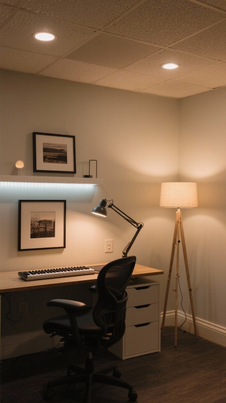 Medium shot: A basement desk setup lit like a small TV studio—recessed LED ambient lights in the ceiling, an adjustable desk lamp with a warm 3000–3500K bulb aimed at the keyboard, picture lights highlighting a framed print, subtle LED strip inside a shelf for accent glow, all on dimmers; a floor lamp with an upward shade softly bouncing light off the ceiling to eliminate shadows, balanced exposure, cozy but productive mood.