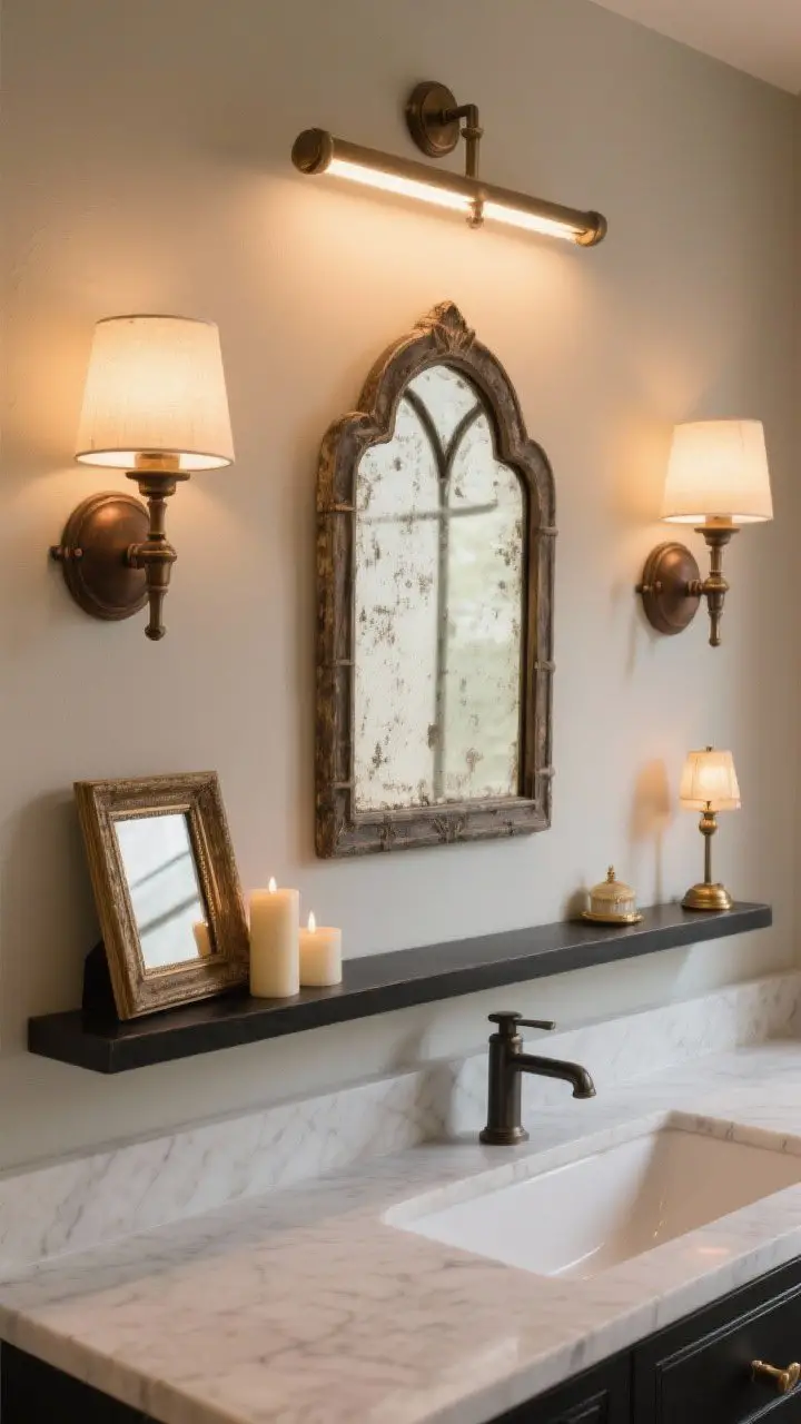Medium shot: A bathroom vanity wall with layered lighting—face-level oil-rubbed bronze sconces, a dimmable overhead light, and a tiny accent lamp on a shelf—casting warm 2700K glow; an antiqued, foxed mirror with a gothic arch shape hangs above, with a small framed mirror leaning behind candles; finishes in aged brass and matte black; photorealistic.