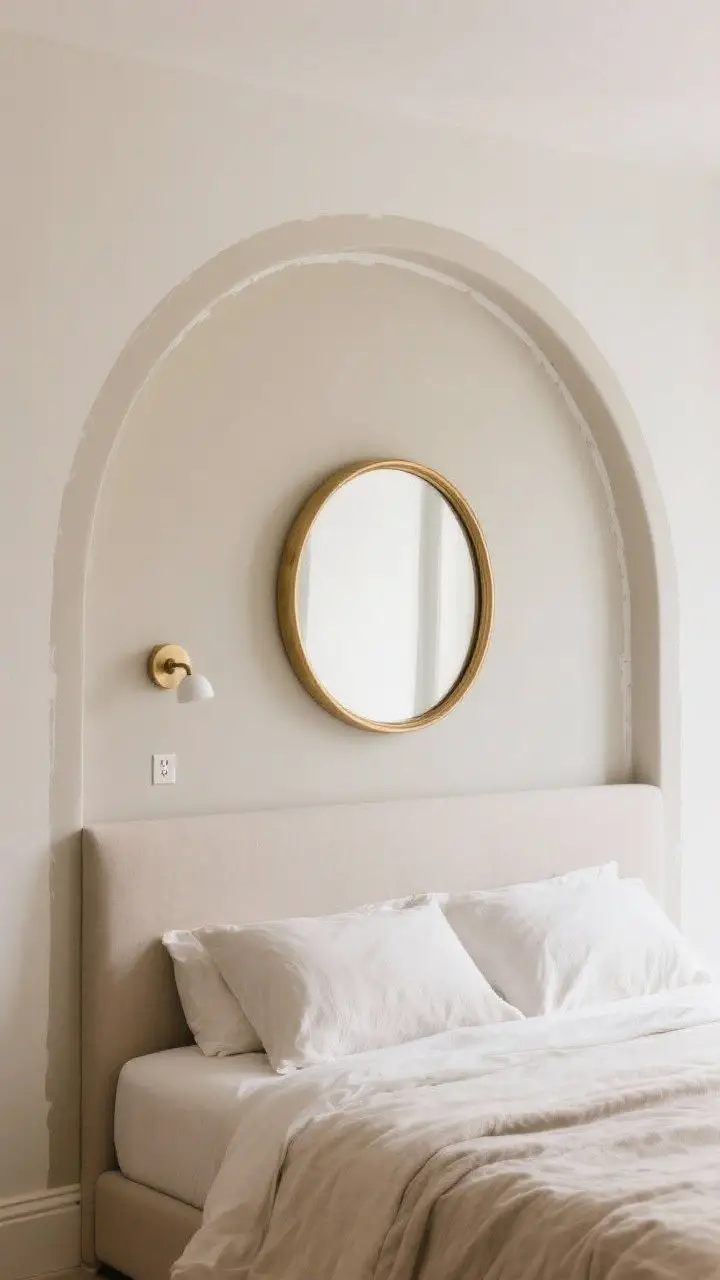 Medium shot: A bed framed by a painted headboard shape—a soft arched form in a tonal color two shades deeper than the surrounding wall. Clean painter’s-tape lines, level edges. Inside the painted arch, a round brass-framed mirror and a single plug-in sconce add depth. Neutral bedding and a light wall color keep the look subtle. Even, diffused lighting, straight-on view.