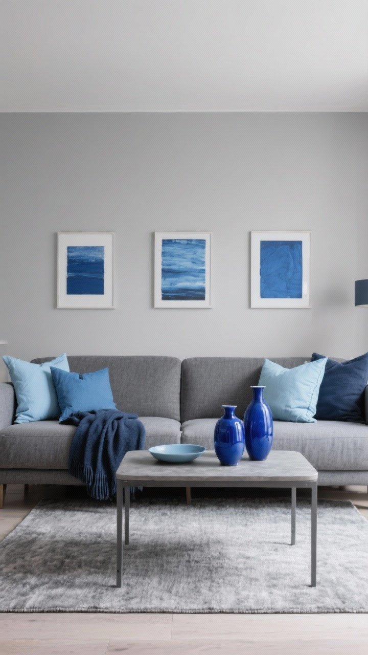 Medium shot: A calm living room with monochrome gray base—light gray walls, mid-gray sofa, and a gray rug—styled with 3–5 blue accents: powder blue and sky blue pillows, a navy throw, cobalt ceramic vases on the coffee table, and blue-toned artwork; balanced composition, rental-friendly, even natural lighting.