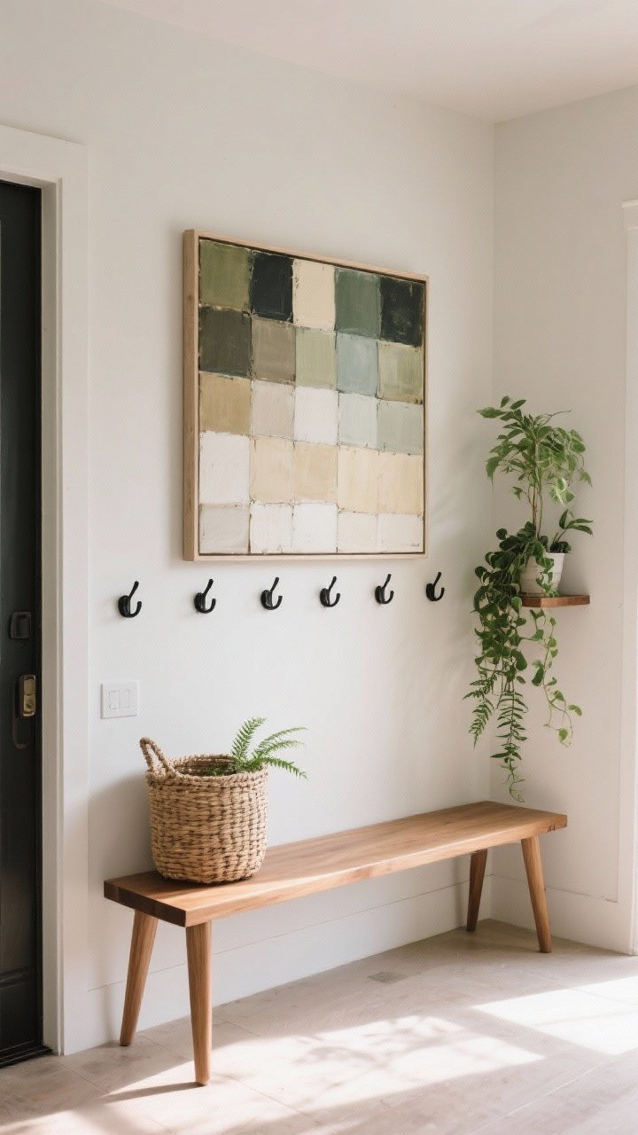 Medium shot: A cozy niche along a once-blank wall featuring a slim oak bench with a woven basket tucked below, a row of simple black hooks above, and an oversized, tightly palette-matched art piece. Plants at different heights—floor fern and a small shelf pothos—break up horizontals. Soft morning light, organized yet inviting entry vibe. Slight corner angle for depth.