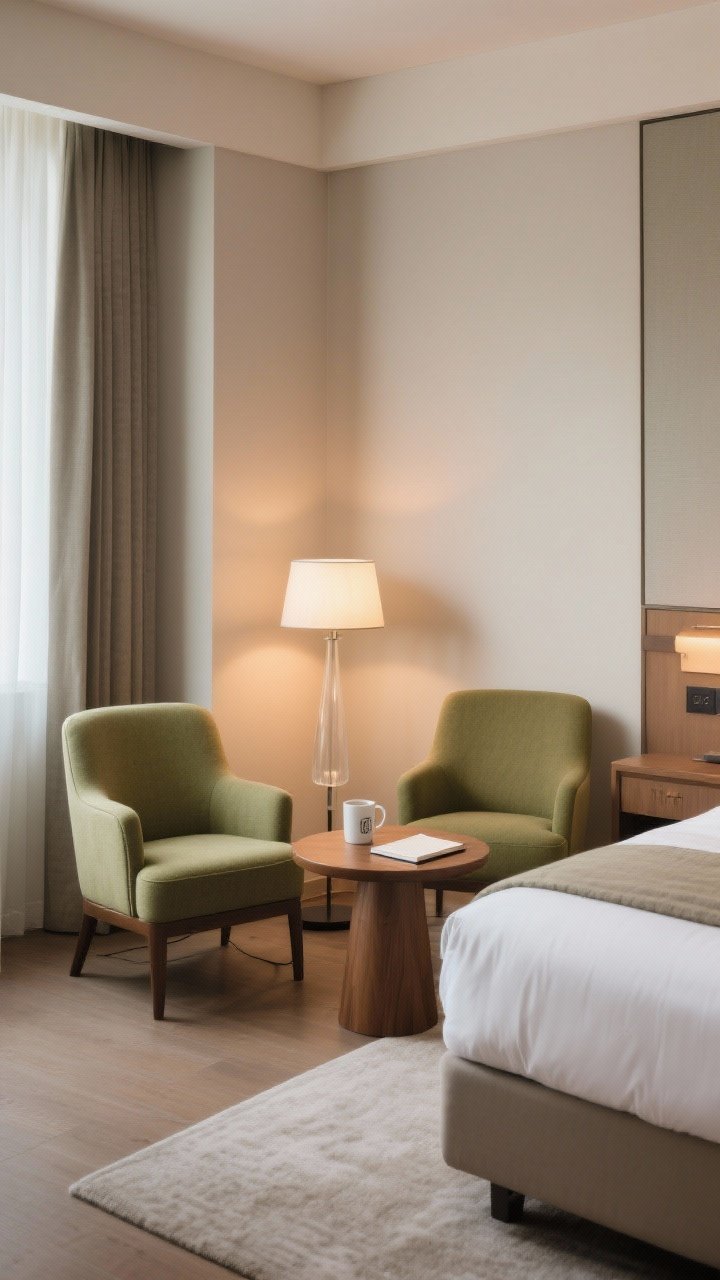 Medium shot: A cozy sitting zone in the bedroom corner—two compact accent chairs in sage upholstery with a small round wood table between them holding a mug and a notebook; floor lamp casting a soft pool of light; clear 30–36 inch pathway around the bed visible; hotel-like, inviting ambiance.