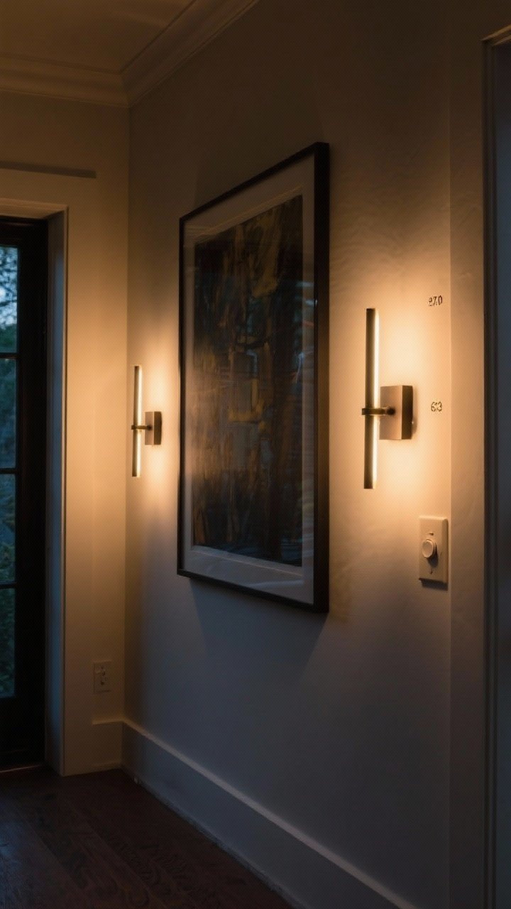 Medium shot: A curated lighting wall with twin plug-in sconces mounted 63 inches from the floor flanking a large framed artwork, plus a slim gallery picture light casting a warm 2700K glow over the piece. A dimmer switch is visible on the wall. The scene reads moody-yet-cozy, with layered illumination enhancing texture and color. Straight-on, evening ambiance.
