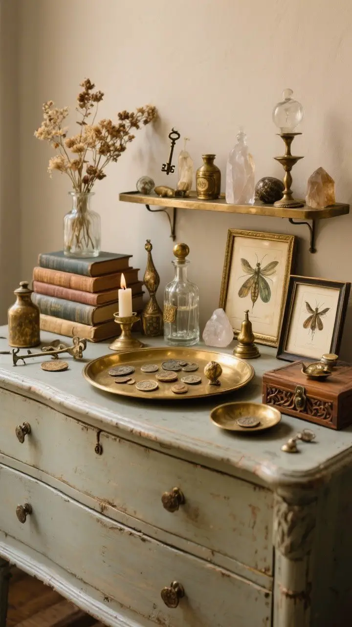 Medium shot: A curated trinket altar atop a vintage dresser—apothecary bottles, crystals, brass keys, old coins, and tiny framed insect prints arranged artfully on a brass tray, varied heights using stacked vintage books and small stands, dried flowers in a small vase, vintage glass bottle, candle snuffer, small brass dish, tarnished metals and carved wood boxes, balanced composition with pockets of negative space, warm ambient lighting, photorealistic.