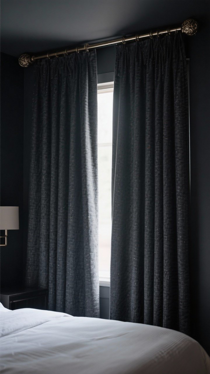 Medium shot: A darkened bedroom with charcoal triple-weave blackout curtains on a ceiling-mounted track behind a decorative rod to eliminate side light leaks, creating a hotel-style blackout effect; subtle noise-dampened ambiance; cool, faint morning rim light around the edges minimized by the track.