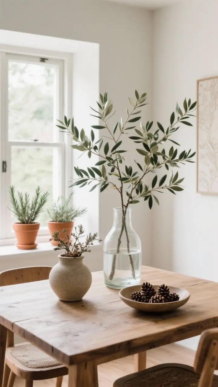 Medium shot: A dining nook with nature brought indoors—tall clear glass vase holding fresh leafy branches on a wood table, a second stoneware vessel with dried olive branches, and terracotta pots with rosemary on the windowsill; a shallow bowl of pinecones as a centerpiece; simple shapes, sculptural greens; bright natural daylight.