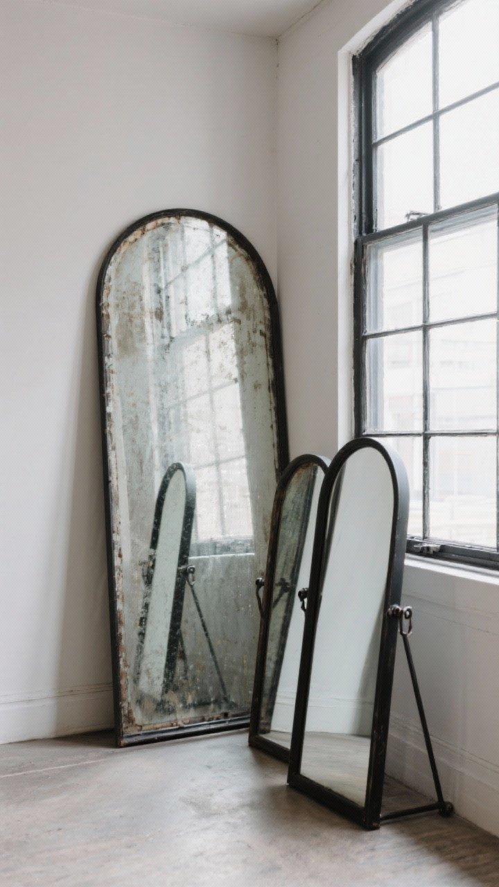 Medium shot: A floor-to-ceiling leaning arched mirror with antiqued glass patina opposite a large window, doubling daylight and visually expanding the room. Two smaller arched mirrors create a chic trio nearby. Anti-tip brackets are discreetly visible at the base. Mixed vintage-industrial mood with black metal frames; bright yet soft natural light reflects across surfaces. Corner angle.