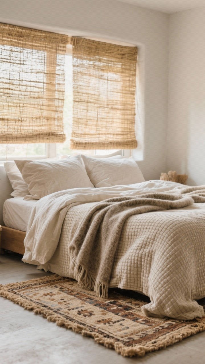 Medium shot: A layered bed vignette showcasing textures—natural linen duvet in oat, a waffle blanket folded mid-bed, and a wool throw draped casually. Behind, woven grass shades filter light. On the floor, a jute rug is layered under a smaller vintage kilim with subtle earth-tone patterns. Emphasis on tactile materials with soft, diffused natural lighting, corner angle.