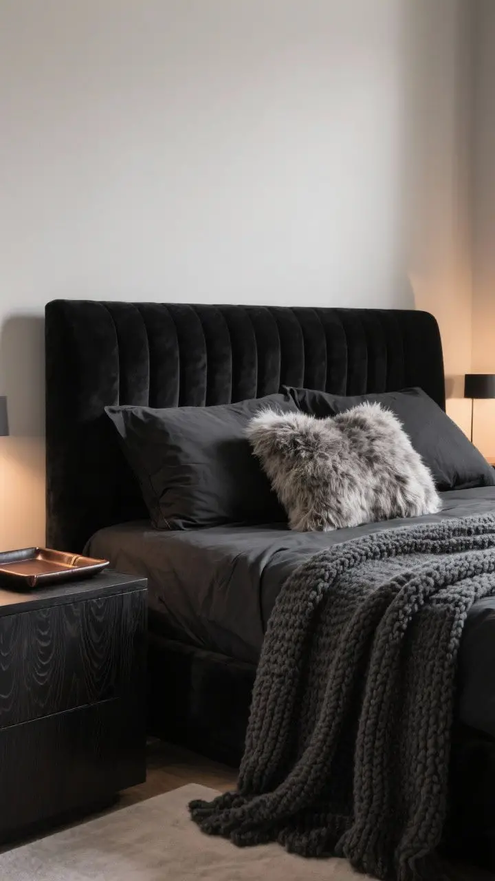 Medium shot: A layered black bedroom vignette featuring a deep black velvet headboard, slate linen duvet, pitch-black sheets peeking out, and a chunky charcoal knit throw draped at the foot; two bouclé and faux fur pillows add tactile contrast; ribbed black-stained wood nightstand with a small leather-trimmed tray; soft warm ambient light highlighting textures; angle from bed corner to emphasize material depth.