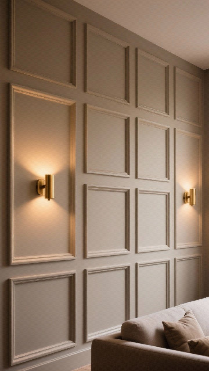 Medium shot: A living room wall upgraded with picture frame molding in an even rectangular grid, all painted the same warm greige as the wall for monochrome texture. Minimalist brass sconces are mounted between frames, casting a boutique-hotel glow. The molding panels are large and modern, with crisp shadows defining their edges. Straight-on, evening warm lighting at 2700K.