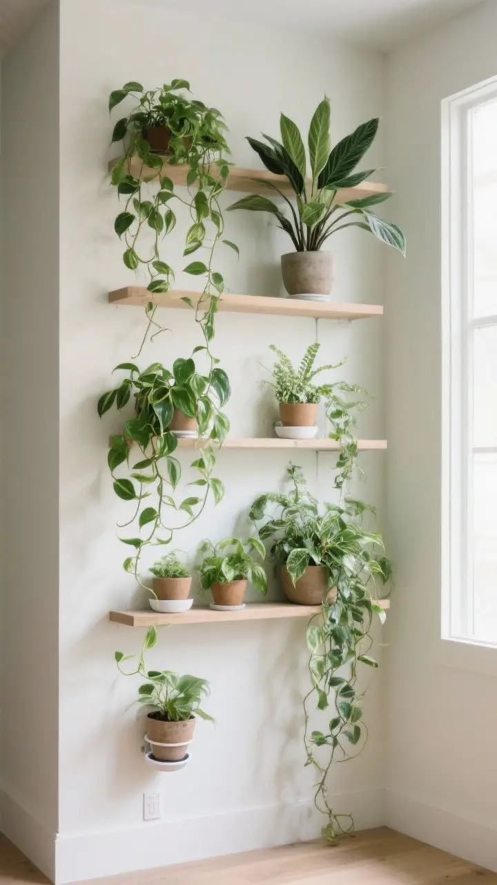 Medium shot: A living wall moment with staggered shelves holding trailing pothos and a ZZ plant, plus a few wall-mounted planters. Heights vary to let vines cascade dramatically. Discreet saucers or self-watering planters protect the wall. Light, airy palette with soft natural light from the side, corner angle to show depth.