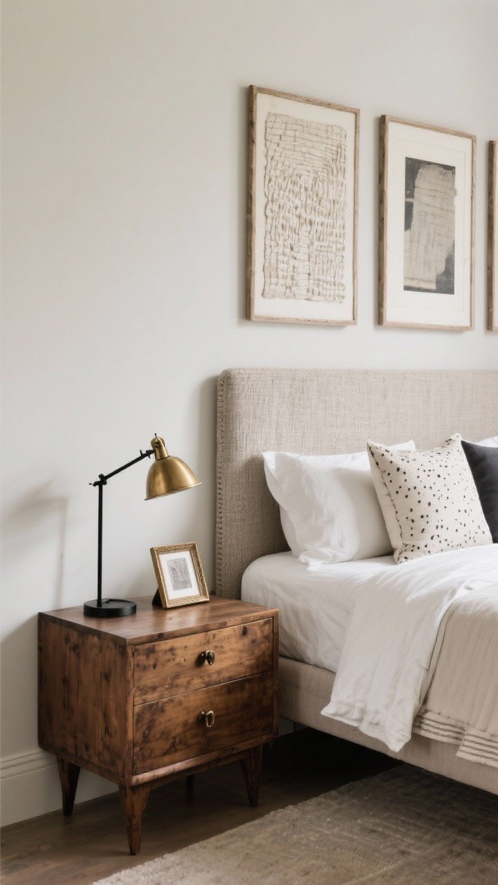 Medium shot: A mixed-style bedroom wall with a neutral, clean-lined bed and bedding, paired with a vintage wooden nightstand and modern black metal lamp; one focal piece on the bed wall—an understated textured headboard; art and pillows “sprinkled” for personality; repeated element shown three times (e.g., brushed brass finish on lamp, frame, and drawer pull); matched proportions despite style differences.