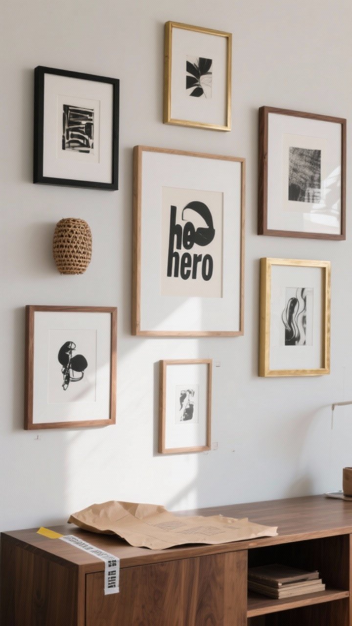 Medium shot: A modern gallery wall arranged around a central “hero” framed piece, with mixed black, oak, and brass frames unified by white matting and a cohesive monochrome art theme. Frames are spaced 2–3 inches apart, with a small woven sculptural piece integrated for texture. Soft, diffused daylight; kraft paper templates and painter’s tape are visible on a nearby credenza as a subtle styling nod. Photorealistic, straight-on composition.