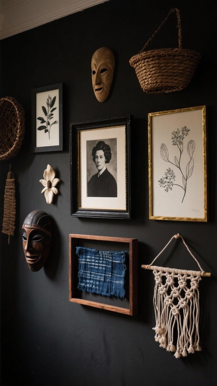 Medium shot: A moody gallery wall on a dark background, mixing vintage portraits, black-and-white photography, botanicals, and line drawings in black, walnut, brass, and bone frames. Incorporate woven baskets, a carved mask, and a small macramé piece. Float an indigo textile fragment in a shadowbox. Hang the heaviest piece slightly off-center for casual intention. Warm, grazing light creates soft shadows. Angle: straight-on.