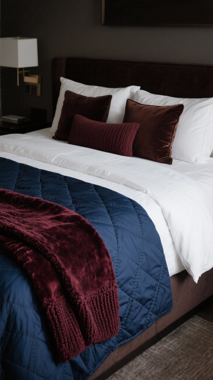 Medium shot: A plush bed styled like a chic hotel—crisp white cotton percale sheets, heavy duvet in midnight blue, a quilt folded beneath for fullness, deep burgundy and espresso tones throughout; pillow arrangement with two euro shams, two standard pillows, and one long lumbar; a chunky knit or velvet throw at the foot adding texture; soft, low moody lighting.