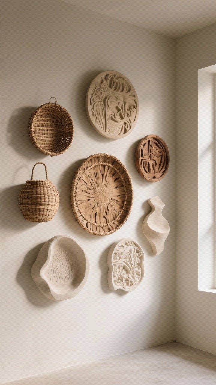 Medium shot: A sculptural wall composition of woven baskets, carved wood reliefs, and matte plaster forms in natural tones arranged in a loose cluster of five, anchored by one larger central piece. Varying diameters and depths create shadow play. Consistent natural finishes for a high-end look; side daylight accentuates contours. Corner angle for dimensionality.