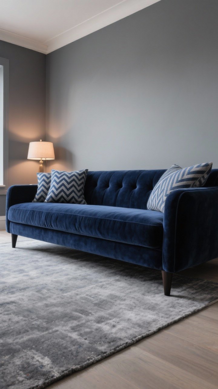 Medium shot: A statement navy velvet sofa with charcoal wood legs on a gray rug, gray walls in the background; styled with herringbone and pinstripe pillows mixing blues and grays to tie the palette; subtle warm lighting from a nearby table lamp for an inviting, refined feel.