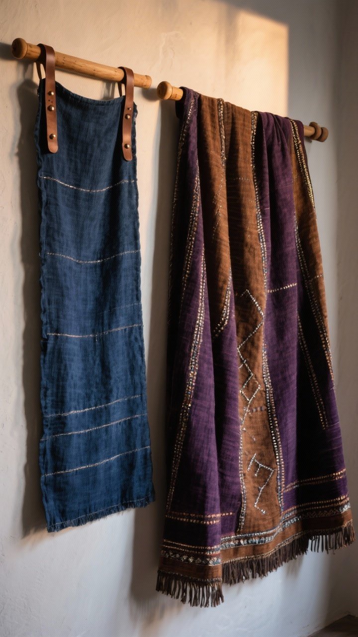Medium shot: A statement textile wall with a wall-hung indigo cloth beside a Moroccan wedding blanket, both in a moody palette of ink, plum, tobacco, and sable with subtle metallic thread accents. Hung using wooden dowels and leather straps for an organic feel. Add a low, warm spotlight grazing the fabrics to make textures glow. Angle: straight-on to emphasize vertical textile impact.