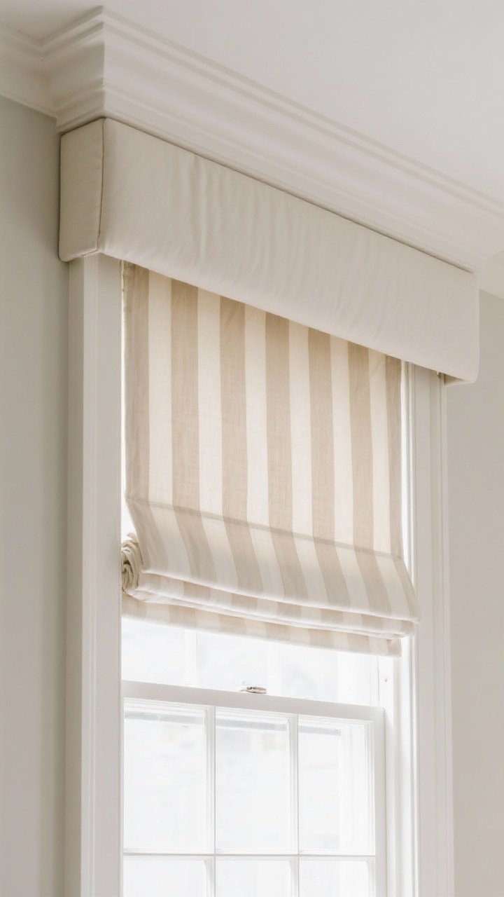 Medium shot: A tailored upholstered cornice in ivory with a straight, modern silhouette extending wider than the window to feel grander; beneath it, a subtle striped shade in tone-on-tone beige; clean, custom look that hides hardware; soft, even natural light for a polished finish.