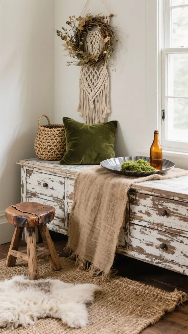 Medium shot: A textured vignette showing layered materials—burlap runner over a distressed wood dresser, raw wood stool, worn leather catchall, mossy green velvet cushion, braided jute basket, hammered metal tray with amber glass bottle, jute rug layered with a faux sheepskin on the floor, macramé wall hanger and a dried botanical wreath adding dimension, soft natural window light for a tactile, lived-in feel, photorealistic.
