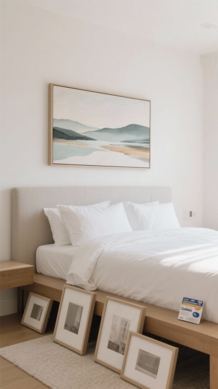 Medium shot: Above-bed art installation—one large calming abstract landscape in muted tones hung with the bottom edge 8 inches above the headboard; straight-on view; alternative smaller frames laid on the floor below as if curated; cohesive frame tones; Command strips package on the bench subtly included; soft daylight, soothing palette.