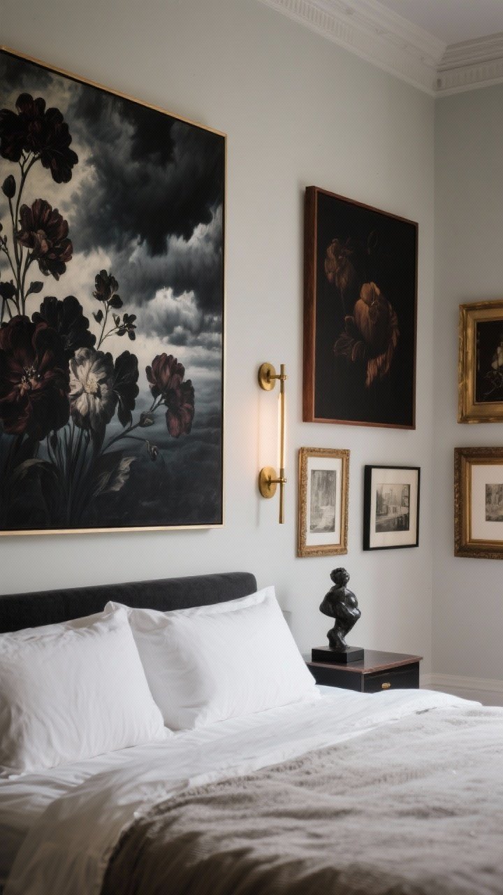 Medium shot: Art-centric wall above a bed—an oversized moody piece (dark florals or abstract stormy clouds) with a slim antique brass picture light casting a museum-like glow; adjacent gallery wall with mixed black, walnut, and antique brass frames; combination of canvas, framed prints, and a small sculptural object for depth; subdued, romantic lighting.
