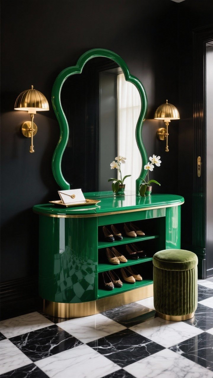 Medium shot, art deco foyer: glossy emerald scalloped curved console with one hidden pull-out pedestal extended, revealing stepped tiers neatly holding multiple pairs; checkerboard black-and-white marble floor; polished brass dome sconces flanking; round velvet stool nearby; lacquered tray with mail and a tiny orchid atop console; dramatic, glamorous lighting, slight low-angle to accent curvature and sheen.