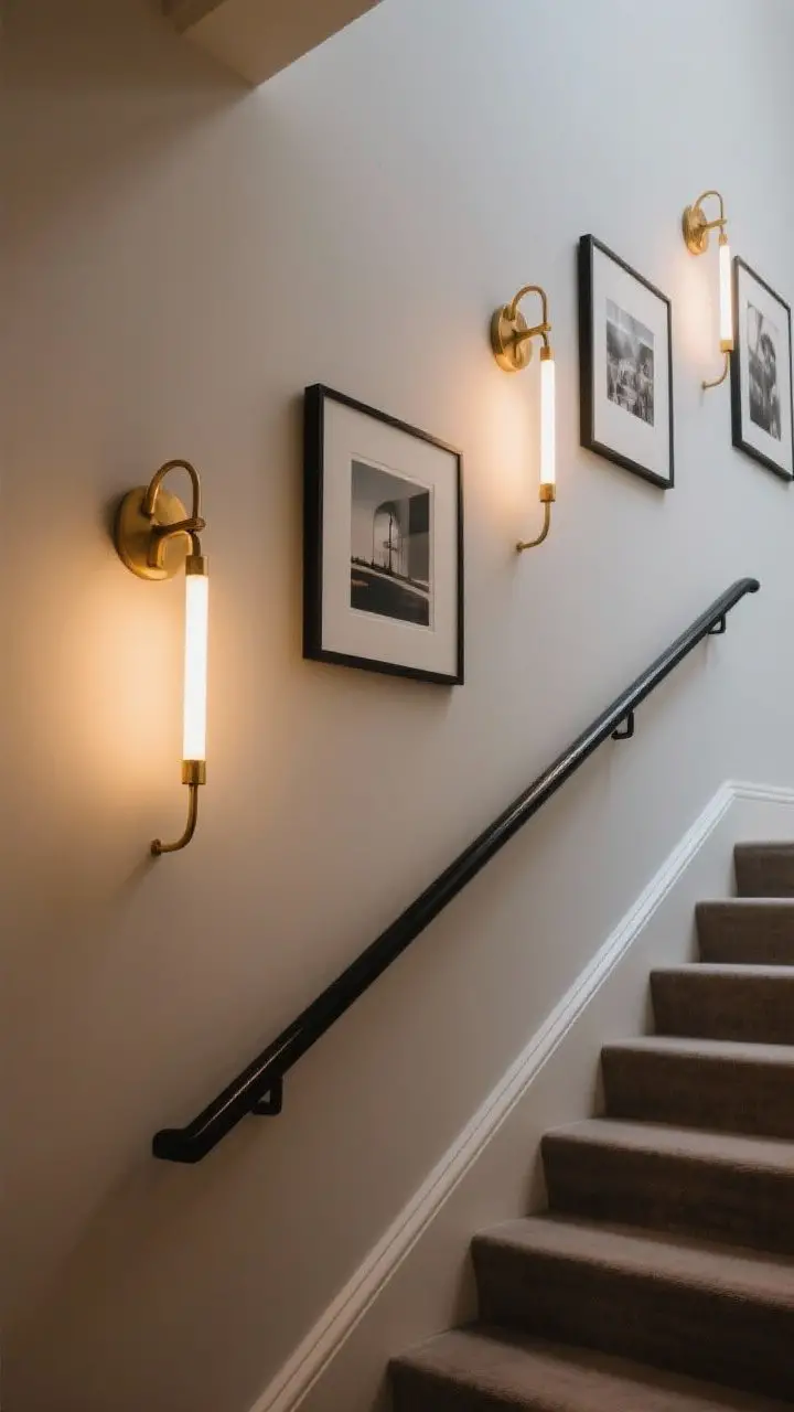 Medium shot at eye level: A staircase wall featuring art pieces spotlighted by wall sconces and picture lights. Sculptural brass sconces alternate with slim picture lights above framed photography, creating pools of warm, dimmable glow. Neutral wall color, clean trim, and a black handrail keep focus on the lighting composition. Smart bulbs set to a soft evening warmth give intentional gallery ambiance.
