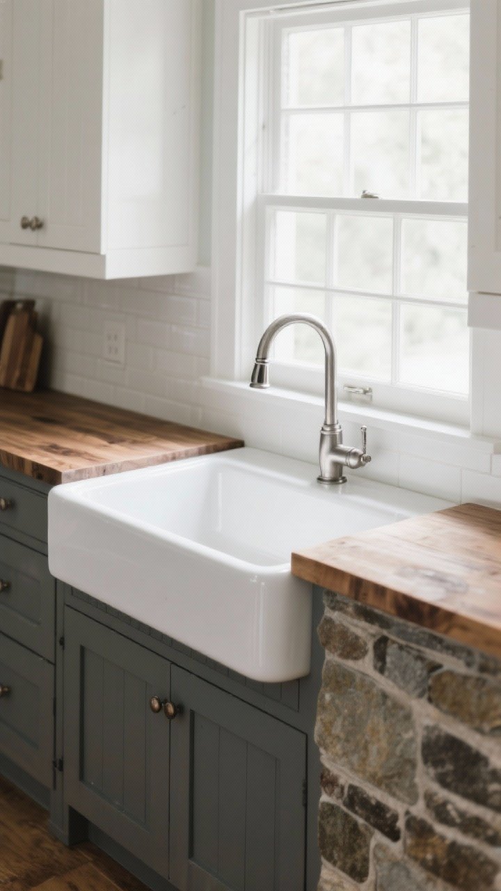 Medium shot at sink: A photorealistic apron-front farmhouse sink centered under a window, paired with butcher block counters on the adjacent island and stone on the perimeter. Show a glossy white fireclay version with a straight apron, or a stainless option in a slightly more modern look; vintage-style gooseneck faucet. Clean, practical, and generous basin with soft daylight.