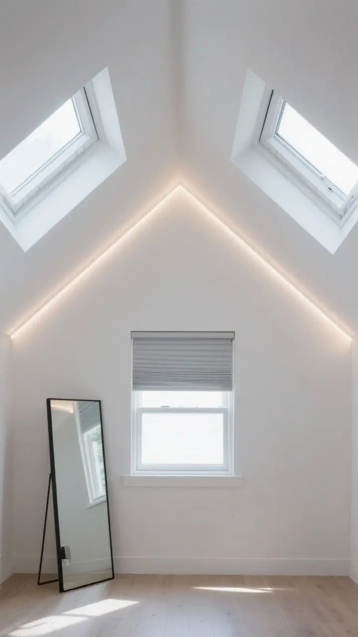 Medium shot: Attic space under a pitched roof with two skylights casting bright natural light, ceiling painted in a high-gloss white that bounces light, subtle LED strip lighting tucked along the ridge line for an evening glow, a large floor mirror placed opposite a small dormer window to double daylight, soft shadows and a serene mood, blackout skylight blinds partially rolled up to suggest sleep control, photorealistic.