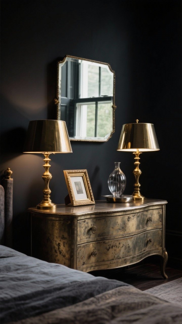 Medium shot: Balancing moody with shine—antique brass and aged gold accents in lamp bases and picture frames, a vintage mirror leaning above a dresser or mounted to reflect a window and bounce soft light, and smoked glass or dark chrome decor pieces; small doses of metallics adding warmth without overpowering the dark, romantic room.
