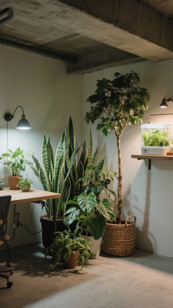 Medium shot: Basement plant therapy—a cluster of low-light plants including ZZ plant, snake plant, pothos, and philodendron arranged at different heights (floor, shelf, desk); subtle clip-on full-spectrum grow lights disguised as spotlight accents; a hydroponic herb kit glowing softly on a side shelf; one tall faux tree in a woven basket near the background for on-camera impact.