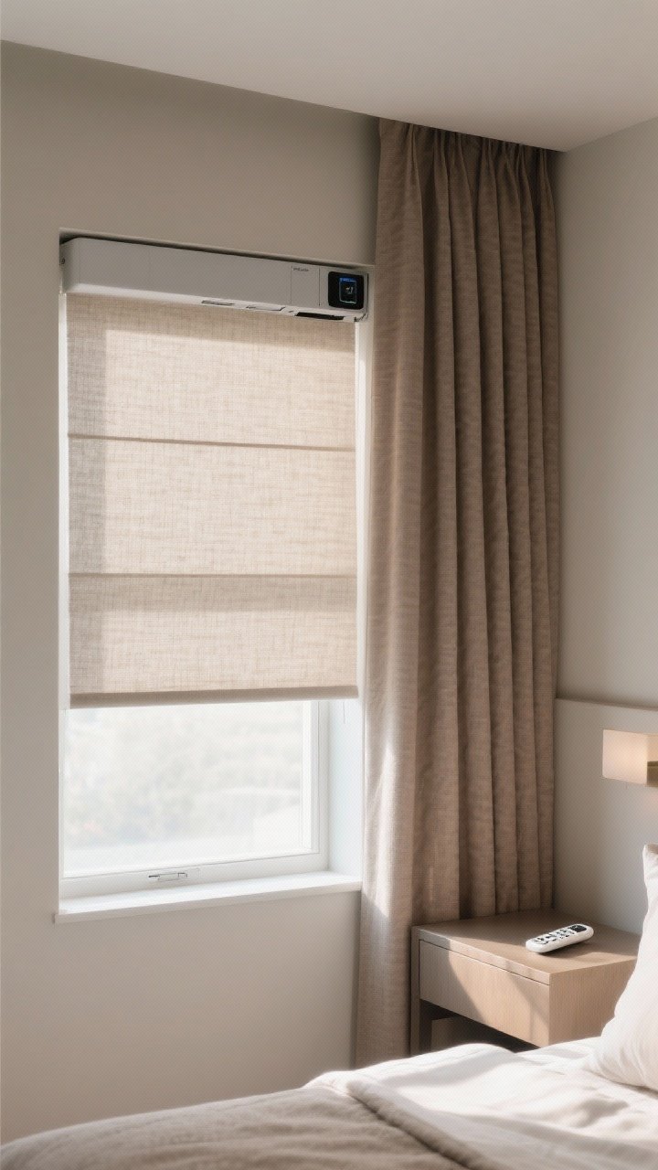 Medium shot: Bedroom window with motorized roller shades in a neutral linen-texture fabric, discreet battery-powered headrail; remote on the nightstand; morning light filtered softly; layered with full-length taupe drapery panels for added warmth and sound absorption; calm, tech-forward atmosphere.